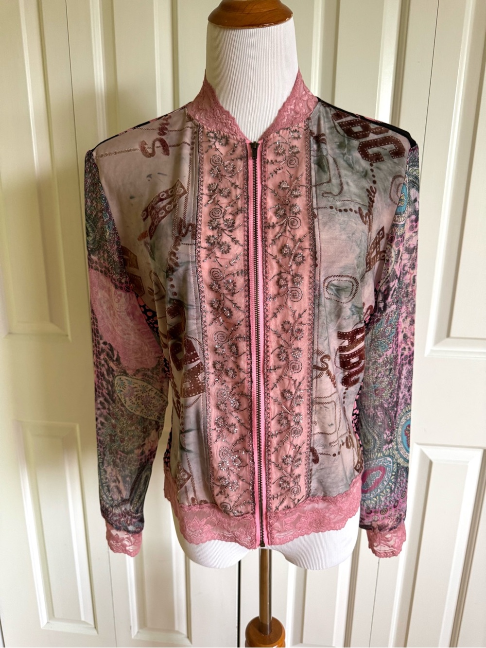 DRESSBARN Multicolor Mesh Zip-Front Blouse L NWOT